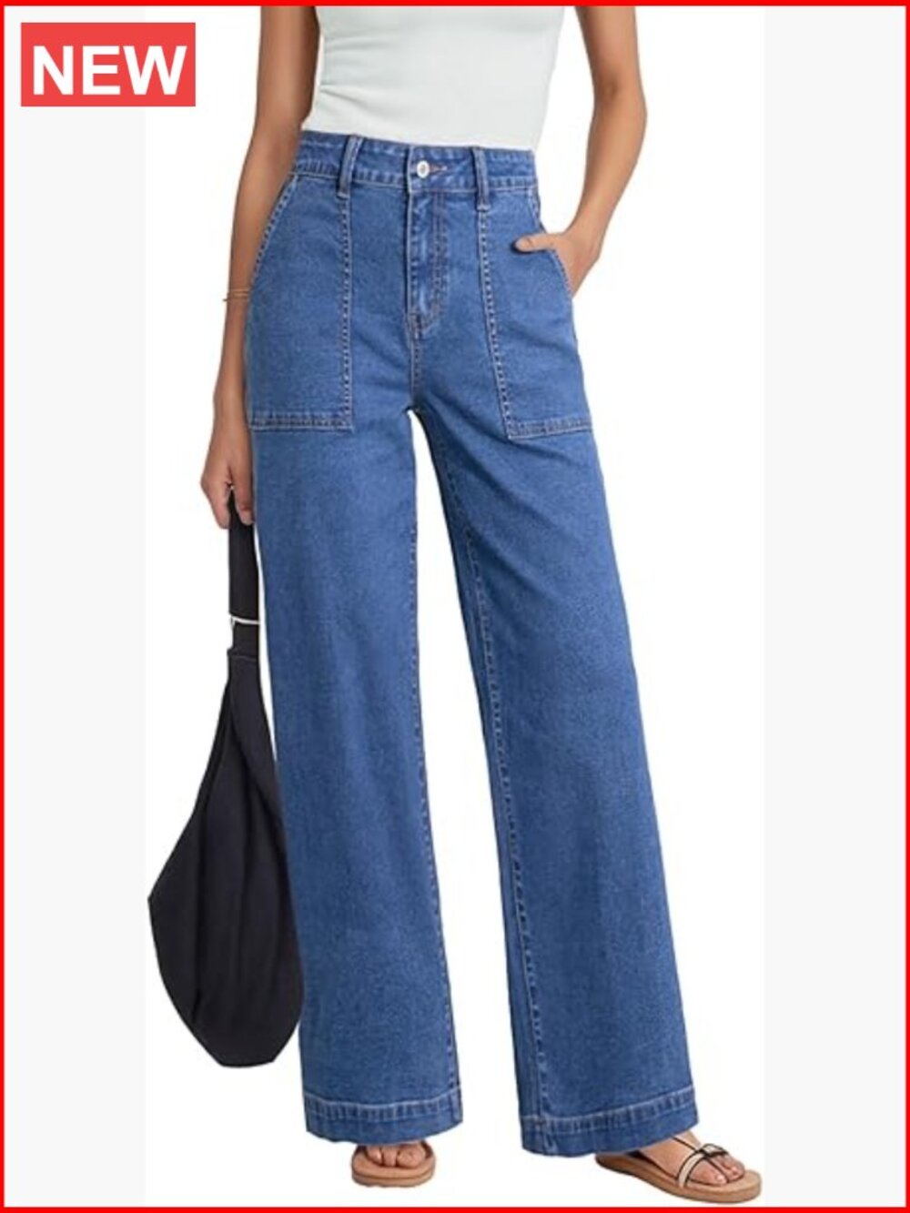 High Waisted Stretch Loose Fit Colorblock Denim Pants with Pocket - Picture 1 of 5